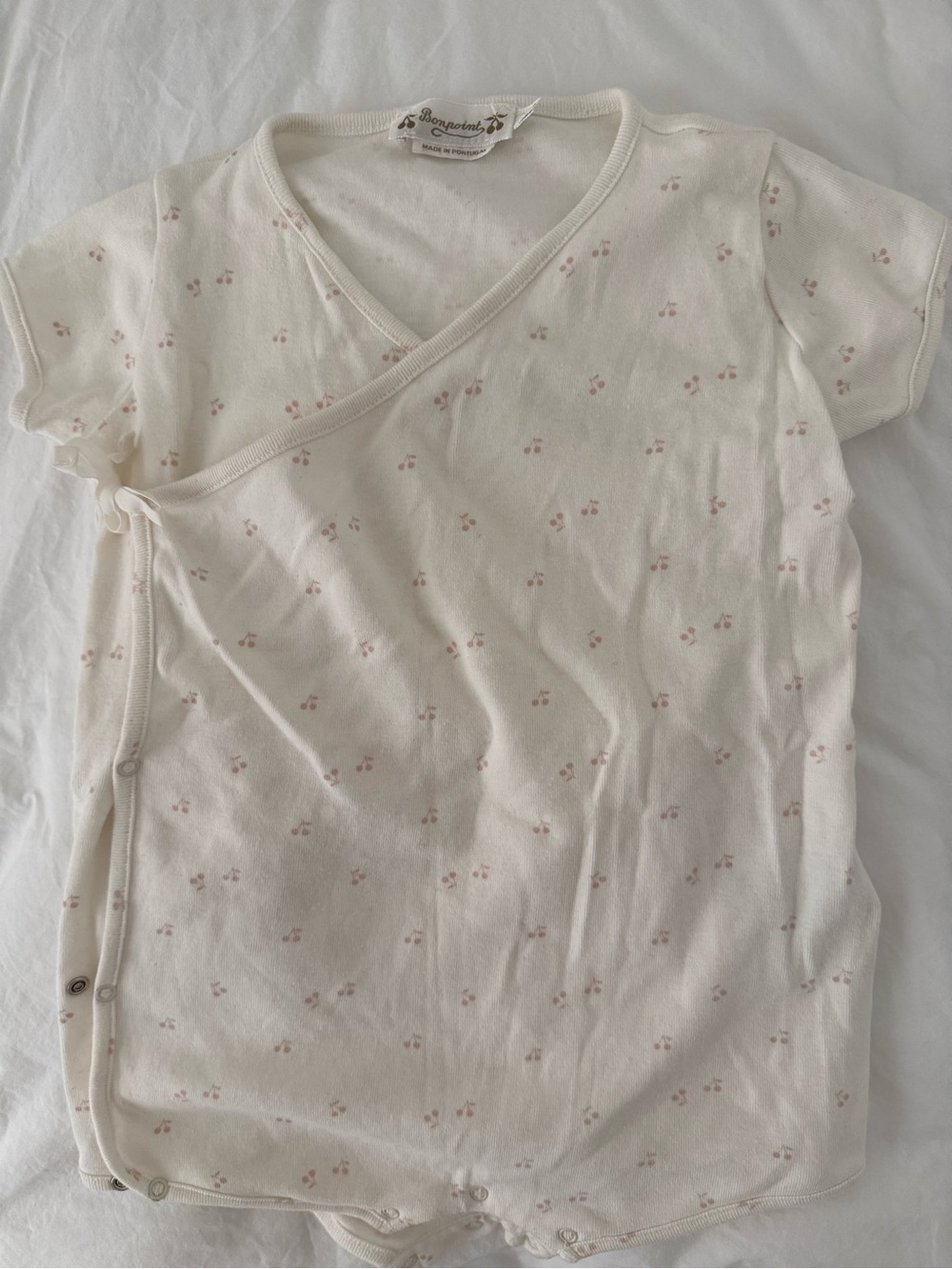 Bonpoint Cream Wrap Romper with Pink Cherry Print